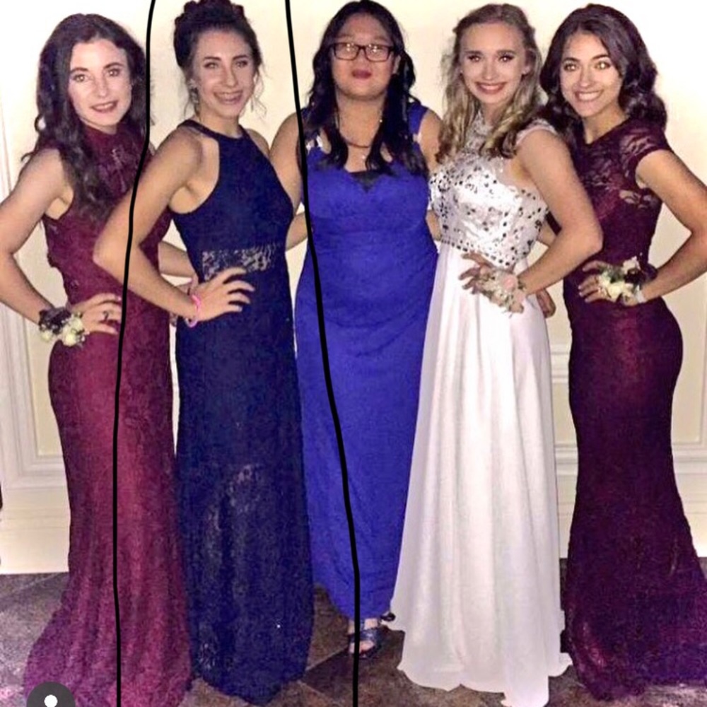 Blue lace long prom dress